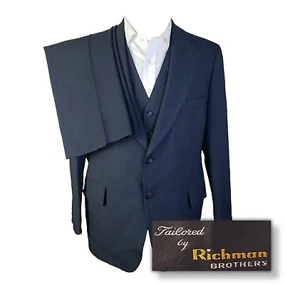 Vintage 1978 Richman Brothers Blue Pinstripe 3 Piece 2 Button Suit Mens 44R • $152.99