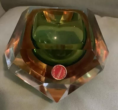 MURANO Faceted Green Brown Diamond Geometric SOMMERSO Art Glass Ashtray Bowl Tag • $94