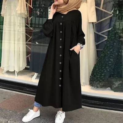 Muslim Abaya Kaftan Shirt Crew Neck Loose Maxi Tunic Women Dress Long Sleeve • £12.55