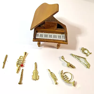 Vintage Miniature Dollhouse Wood Piano With Musical Instruments Doll Furniture • $13.97