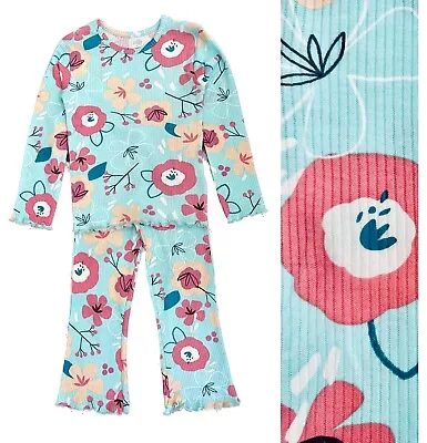 Girls Ribbed Pyjamas Dunnes Cotton Floral Pink Aqua Flared Long Sleeved Pjs NEW • £5.99