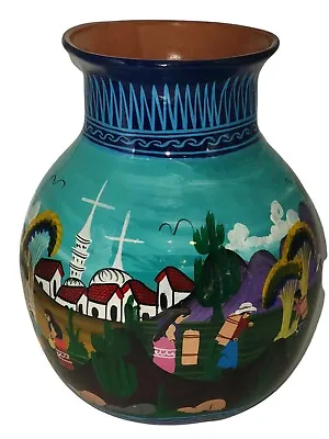 Mexican Folk Art Handpainted Pottery Church Flowers Village Cacti Vase Colorful • $44.95