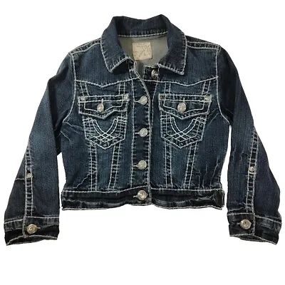 LA Idol Cropped Thick Stitch Denim Jewel Button Up Jean Jacket Youth Girl Large • $11