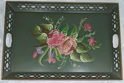 Vintage Chippy Metal Toleware Tray Hand Painted Floral On Green Large 16  X 23  • $19.99