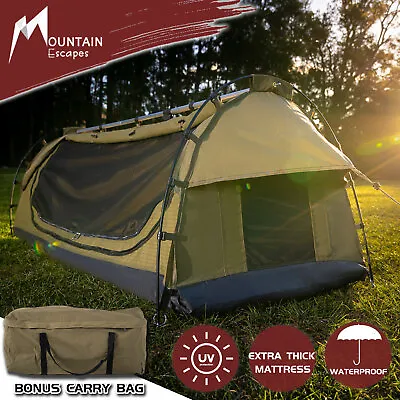 Double King Single Swag Camping Swags Canvas Dome Tent Free Standing Hiking Mat • $259