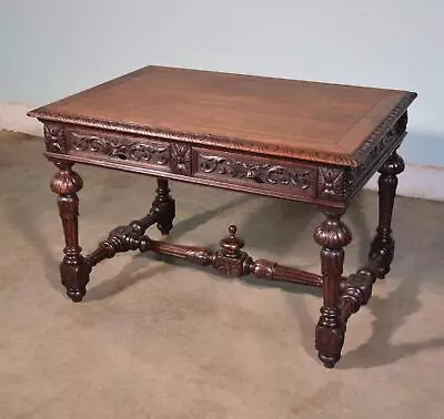 Antique French Desk/Library Table In Solid Oak Wood With Carved Faces • $1825