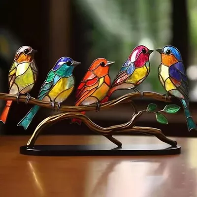 Stained Glass Birds On Branch  Garden Ornaments Colorful Birds Metal Art Craft   • $10.90