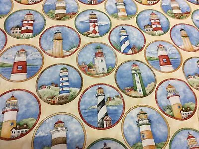 Timeless Treasures-Beacon-c1125-lighthouses-100% Cotton • £4