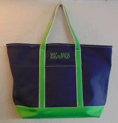 Lands End Extra Large Canvas Tote Bag Navy Blue Green Open Top KJG Monogram • $27.99