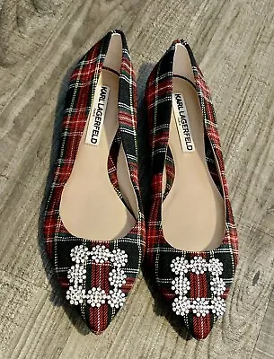 Women’s Size 7 Karl Lagerfeld Paris Nara 2 Plaid Flats Bling Accent Shoes • $40