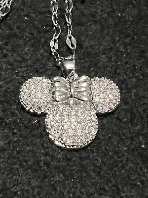 Disney Silver Plated Dainty Minnie Mouse With Rhinestones Necklace • $11.04