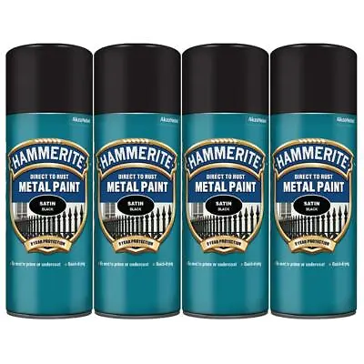 4x Hammerite Direct To Rust Satin Black Aerosol Quick Drying Spray Paint 400ml • £42.99