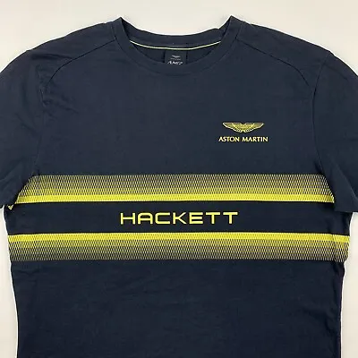 Aston Martin Racing AMR Hacket T-Shirt Mens Medium Navy Blue Yellow Striped • $24.66