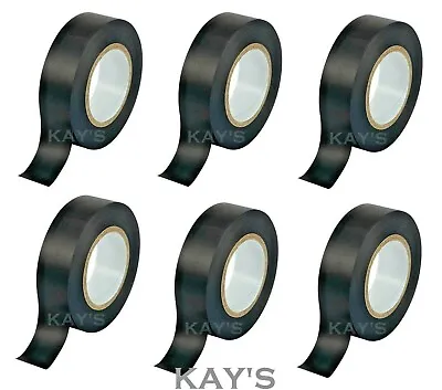 BLACK INSULATION TAPE 6 PACK 19mm X 20m ROLLS OF ELECTRICAL PVC FLAME RETARDANT • £6.40
