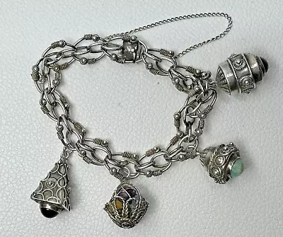 Vintage Etruscan Revival Sterling Silver Charm Fob Gemstone Bracelet 33.6 7  • $169