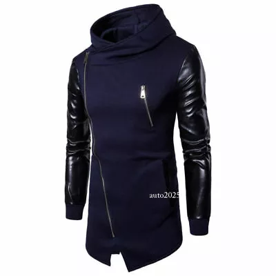 Mens Slim Fit Patchwork PU Leather Long Sleeve Sweatshirt Hoodies Tops Fashion • $28.99