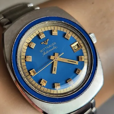 Rare Vintage Longines Wittnauer Men's Automatic Watch Date Blue Dial 1960s • $329