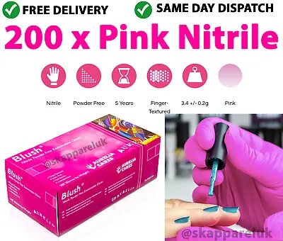 200 Glove Bright PINK Aurelia BLUSH Nitrile LATEX FREE Medical Exam DIsposable • £8.95