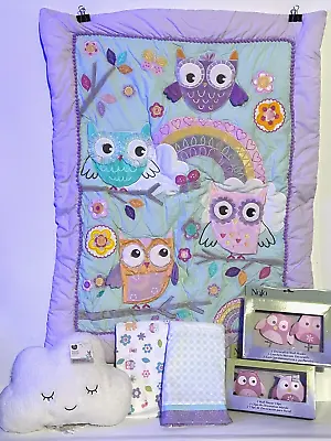 One Of A Kind Little Owls Lavender 8Pcs Crib Bedding - See Details 🌟 • $49.99