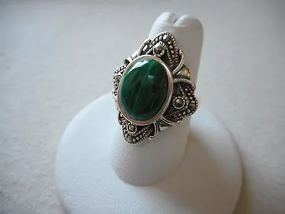 Sterling Silver Marcasite Malachite Ring   124405 • $55