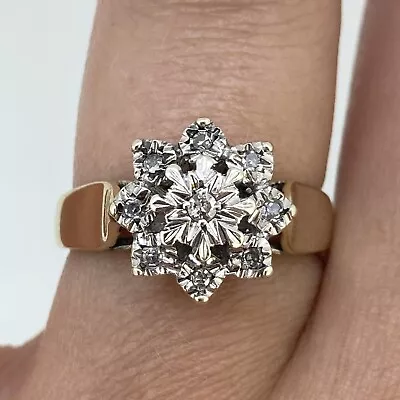 Diamond Cluster Thick Shoulder Daisy Flower Ring 9ct 9k Yellow Gold - Size L • £150