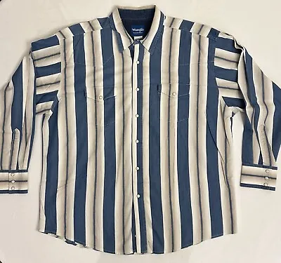 VTG Wrangler Long Sleeve Pearl Snap Mens XXL Blue White Striped Western Shirt • $24.95