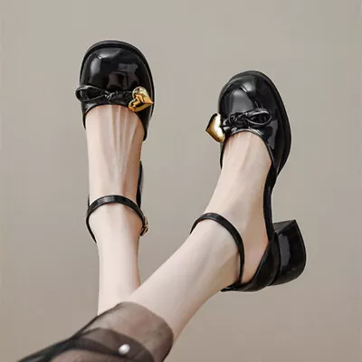 Womens Lolita Mary Jane Shoes Round Toe Buckle Patent Leather Ladies Block Heel • £28.79