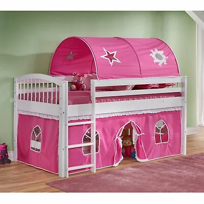 $719.90 • Buy White Wooden Junior Loft Bunk Bed Pink Tent Twin Size Kids Play Area Pine Ladder