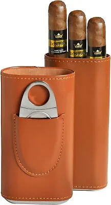 Leather Cigar Case With Cutter 3 Finger Travel Cigar Case • $19.99