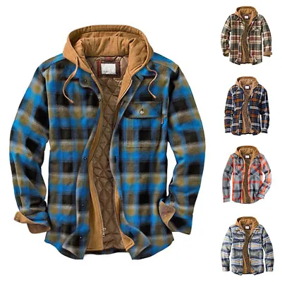 $32.88 • Buy Mens Warm Shirt Jacket Quilted Lined Plaid Flannel Shirt Hooded Coat Sweatshirts