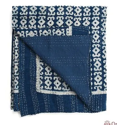 Indian Handmade King Size Cotton Kantha Quilt Blue Blanket Bedspread Throw • £71.99