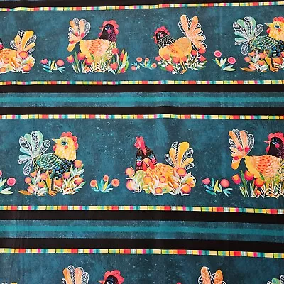 Feathered Fiesta BTY Eulalia Mejra P&B Textiles Teal Rooster Chicken Stripe • $7.99