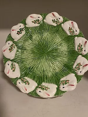 Vintage Majolica Bunny Ceramic Plate Hand Painted Green Easter 1996 Signed • $24.99