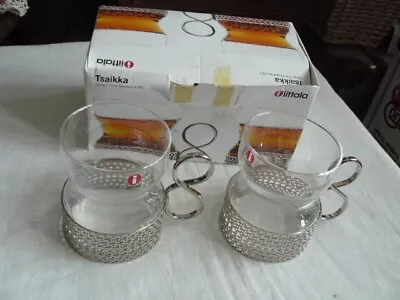 Iittala Tsaikka 2 Glass Set & Steel Holders Sarpaneva 1957 Design New Boxed • £25