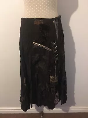 Kapalua Brown Handkerchief Hem Boho Skirt Patchwork Faux Leather Trim Size • £12.95