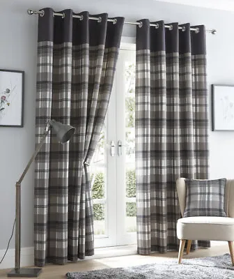 Charcoal Orleans Tartan Check Lined Ready Made Eyelet Ring Top Curtains Pair • £38.99