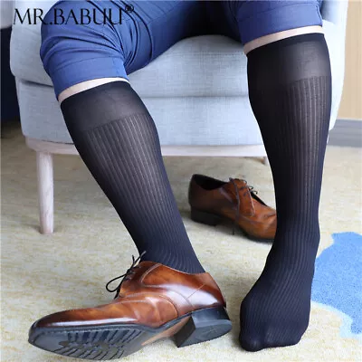 $13.99 • Buy 4Pairs Lot Men's Striped Sheer Socks OTC Crew Long Dress Business Thin Suit Sock