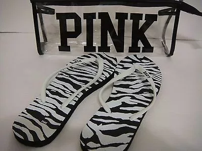 Victoria Secret Pink Black White Zebra Beach  Flip Flops + Zipper Case S  • $28.99