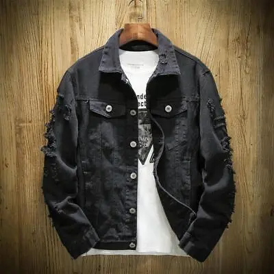 Men's Jean Jacket Slim Fit Cotton Denim Jacket Ripped Hole Jean Coats New • $38.88