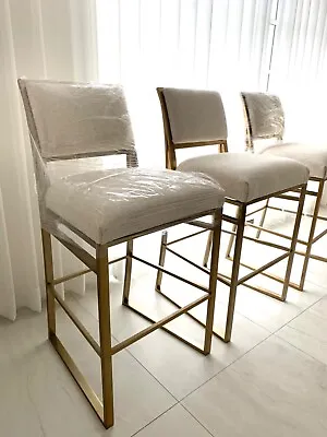 🌷4 HiEND MarGE CarSON NEW Brass FRAME Chenille Fabric BArStools Chairs • $2999