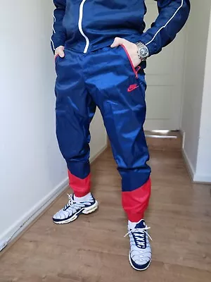 Men’s Nike Nylon Windbreaker Tracksuit Bottoms Navy Blue Red Size Loose Small/M • £40