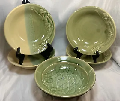 Chatham Pottery Soup-Pasta (5) Bowls 8” Embossed Mermaid Relief Yellow/Green • $175