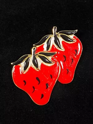 Vintage Large Double Strawberry Enamel Red Pin Gold Tone Black • $19.99