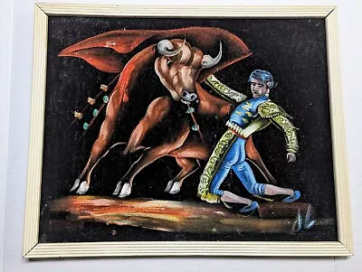 Vintage MCM Framed Black Velvet Painting Matador And Bull- From Mexico- 15 X19  • $29.99