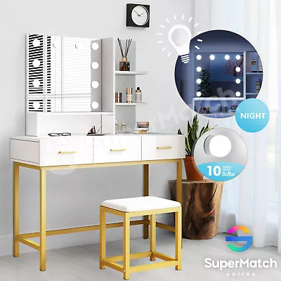 $239.59 • Buy Dressing Table Stool Set Makeup Mirror Storage 3 Drawers 10 LED Bulbs White