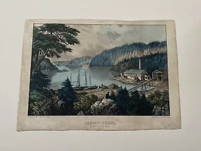 Original Currier & Ives Print Indian Town River St. John N.B. Great Color • $125