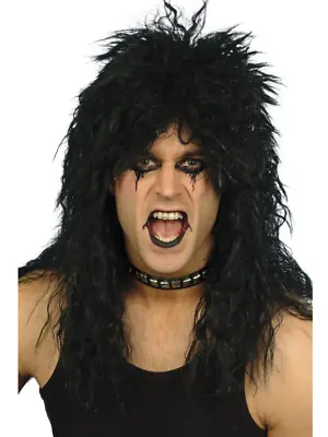 NEW Men's Long Black Hard Rocker Punk Wig Halloween Fancy Dress Accessories • £10.99