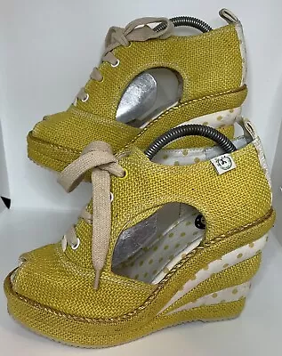 Miss L Fire Yellow Hessian Lace Up Polka Dot Wedge Platform High Heels UK 7 40 • £25