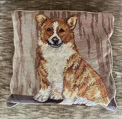 Vintage Corgi Dog Needlepoint Pillow 14” X 14”  Removable Cover • $21.50