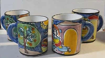 Vintage La Musa Made In Italy Hand Painted Ceramic Art Pottery 4 Mug Set Chipped • $30